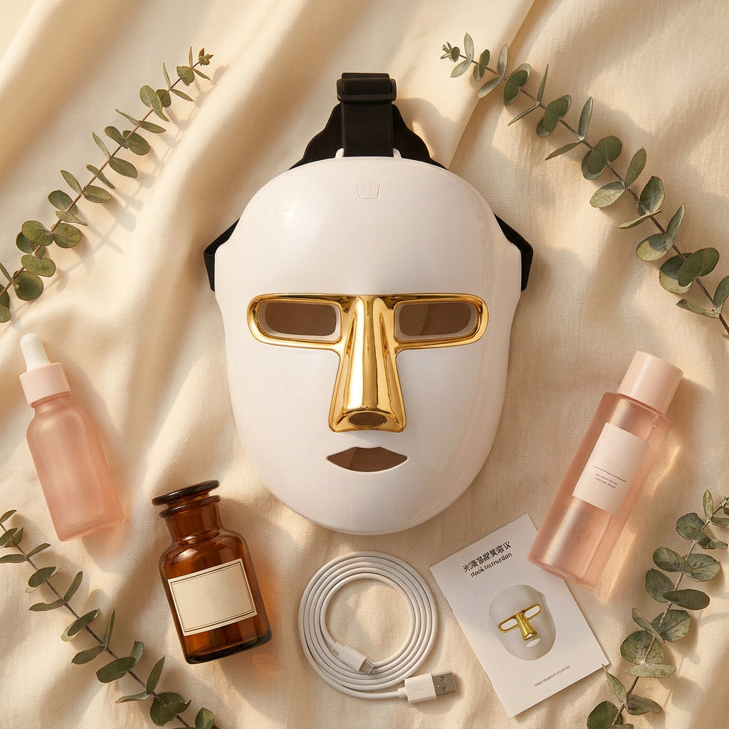 Gold variant LED facial mask flat lay with skincare