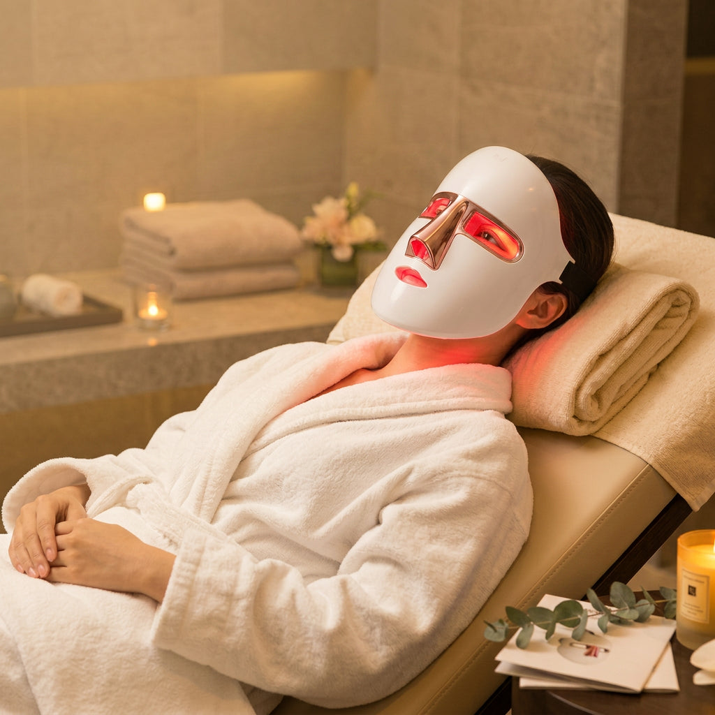 Woman relaxing in spa wearing LED therapy mask